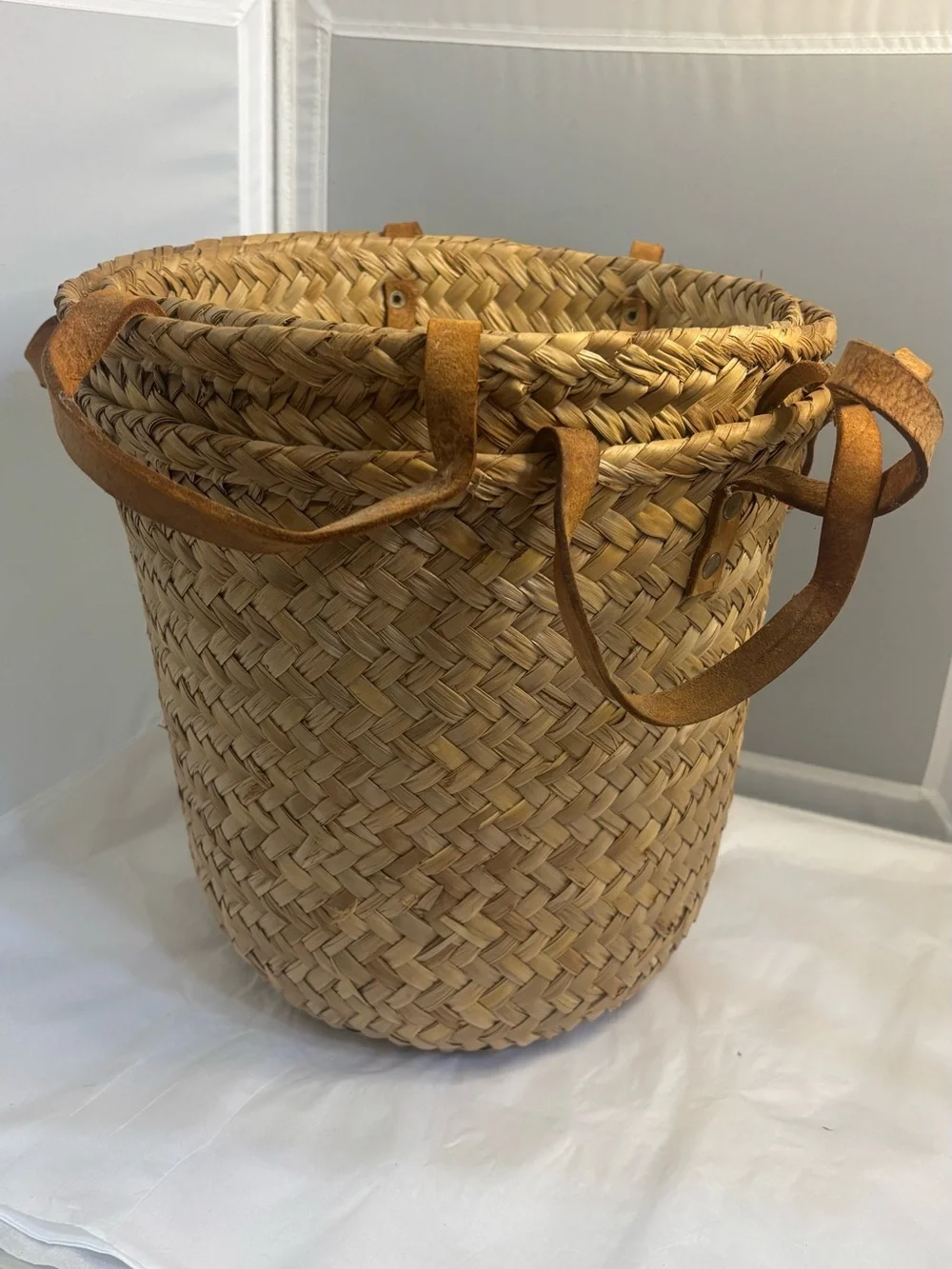 3 vintage Handwoven Straw Tote Bag with Leather Handles - Natural